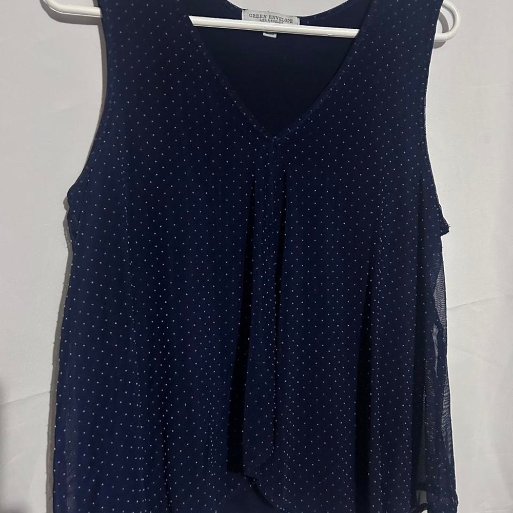 Green Envelope Navy white dotted tank with overlay size M